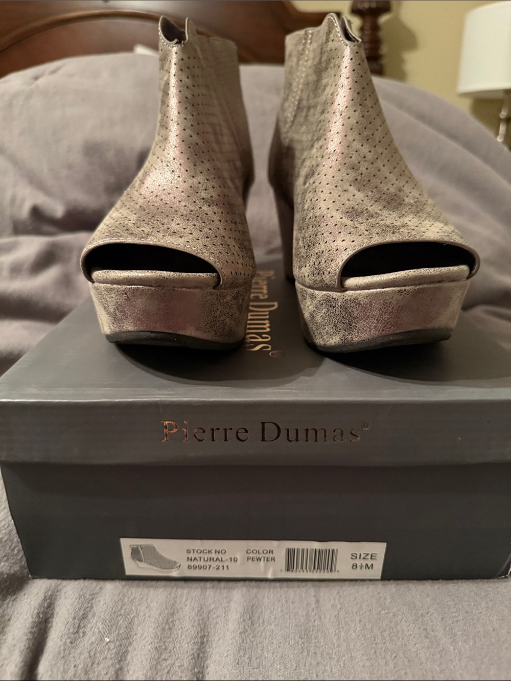 Pierre Dumas Metallic Pewter Peep-Toe Platform Mules